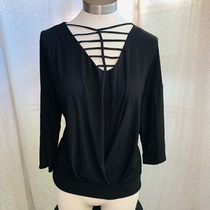 Black AUW Cross Low Cut V Neck Top